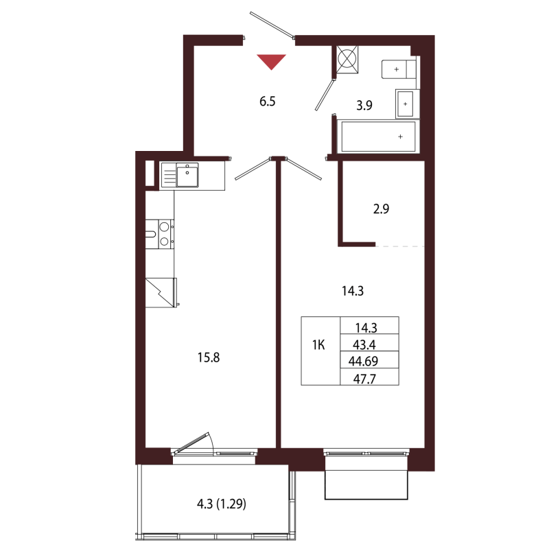 2-комнатная (Евро) квартира, 44.69 м² в ЖК "Лисино" - планировка, фото №1