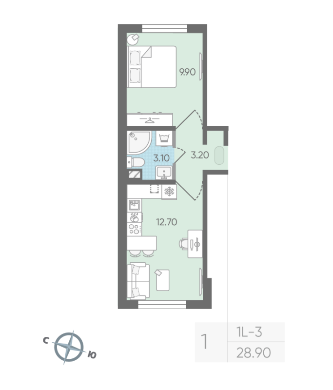 1-комнатная квартира, 28.9 м² - планировка, фото №1