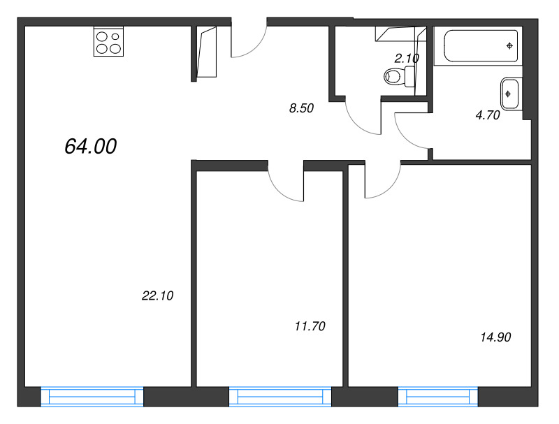 3-комнатная (Евро) квартира, 64 м² в ЖК "Руднева 15" - планировка, фото №1