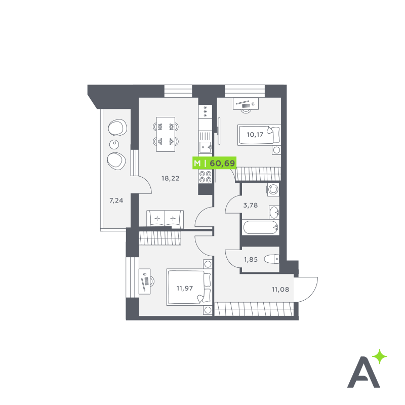 3-комнатная (Евро) квартира, 60.62 м² в ЖК "Аквилон Verba" - планировка, фото №1