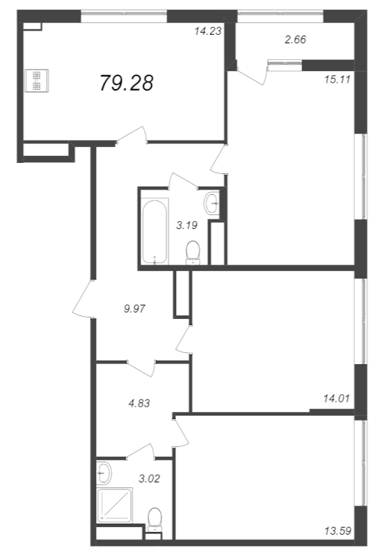 3-комнатная квартира, 79.28 м² - планировка, фото №1