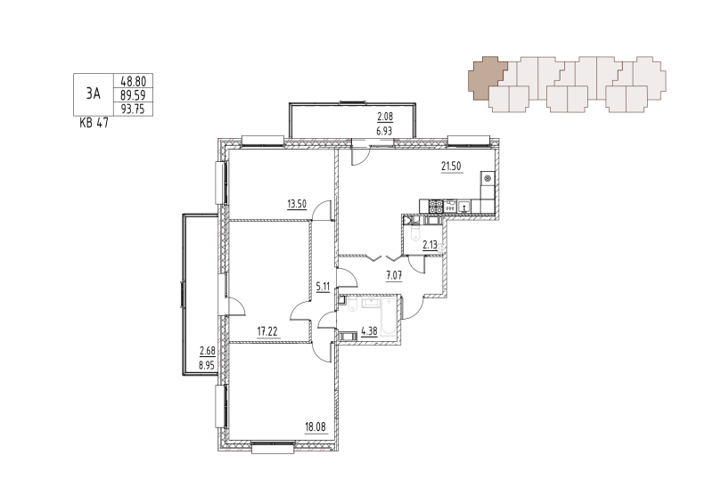 4-комнатная (Евро) квартира, 93.75 м² в ЖК "Loft у озера" - планировка, фото №1