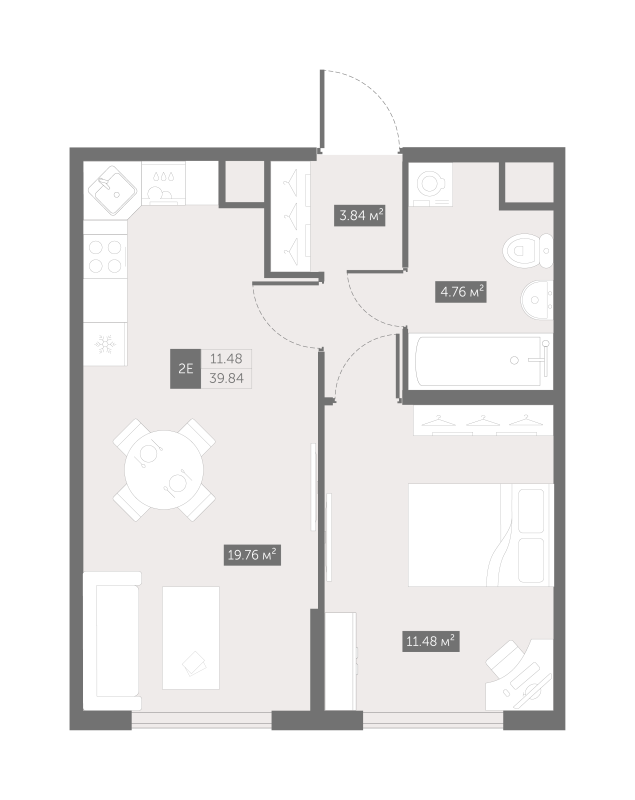 2-комнатная (Евро) квартира, 39.84 м² - планировка, фото №1
