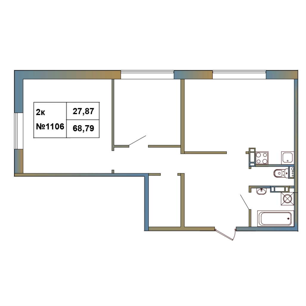 2-комнатная квартира, 68.79 м² в ЖК "Атмосфера Выборга" - планировка, фото №1