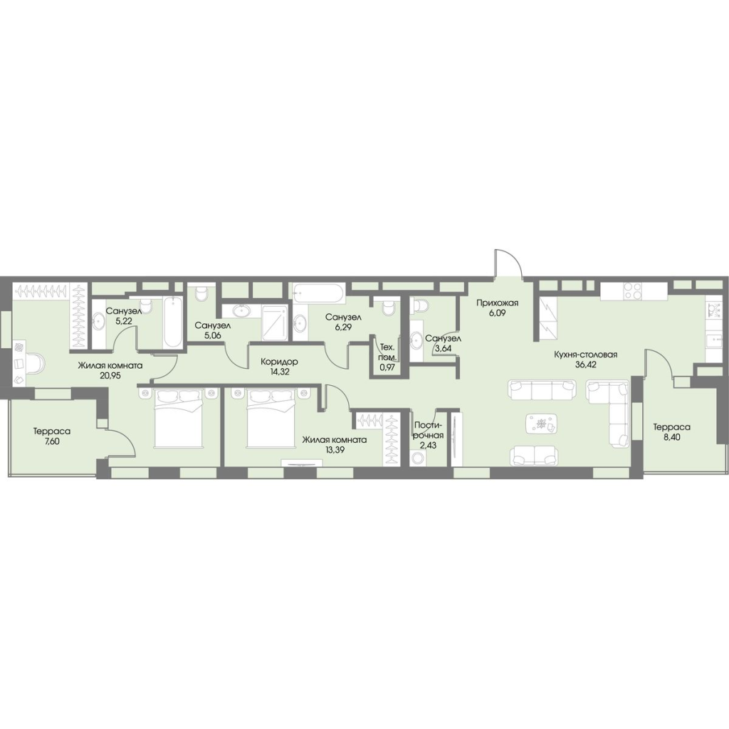 3-комнатная (Евро) квартира, 119.58 м² в ЖК "Рощино Residence" - планировка, фото №1