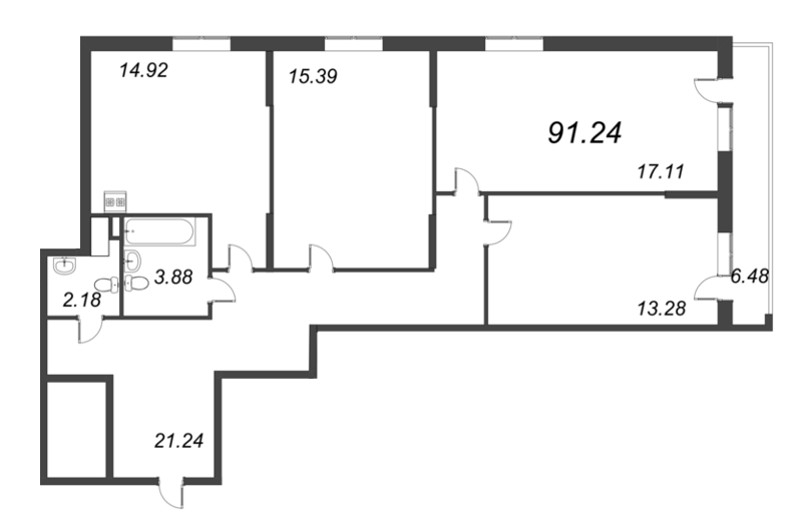 4-комнатная (Евро) квартира, 91.24 м² в ЖК "Аквилон Zalive" - планировка, фото №1