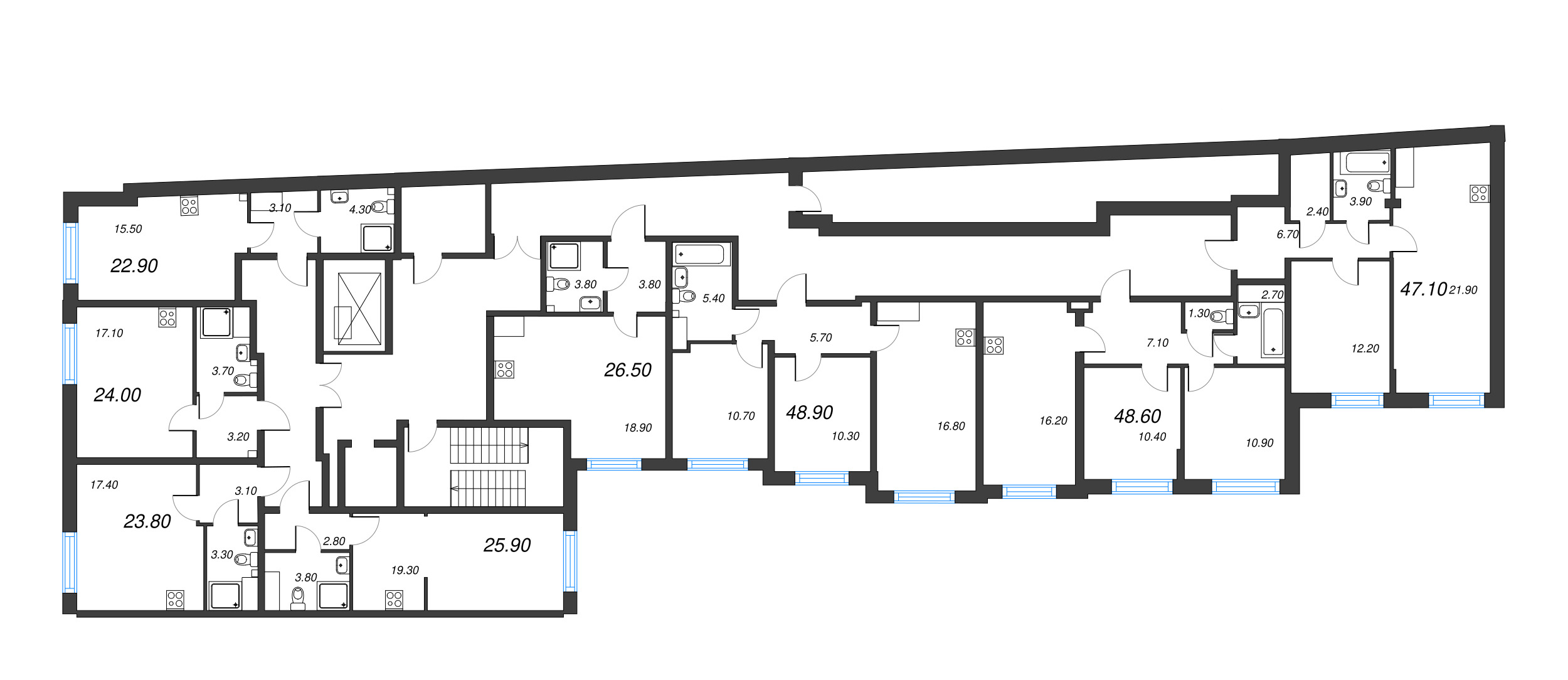 3-комнатная (Евро) квартира, 48.9 м² - планировка этажа