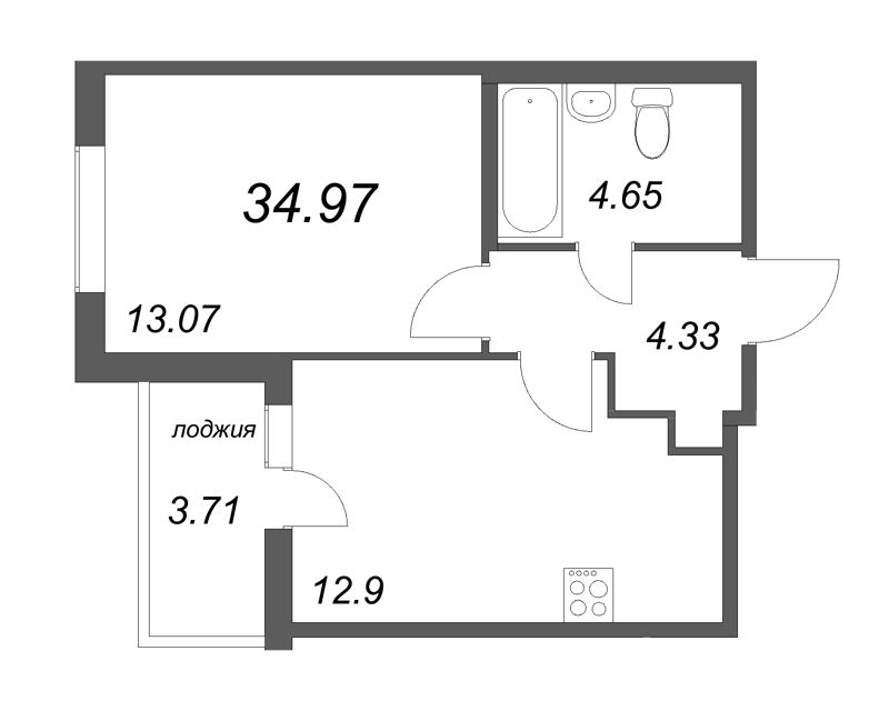 1-комнатная квартира, 34.97 м² - планировка, фото №1