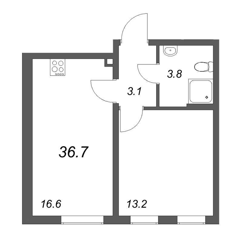 2-комнатная (Евро) квартира, 36.5 м² в ЖК "Октябрьская набережная" - планировка, фото №1
