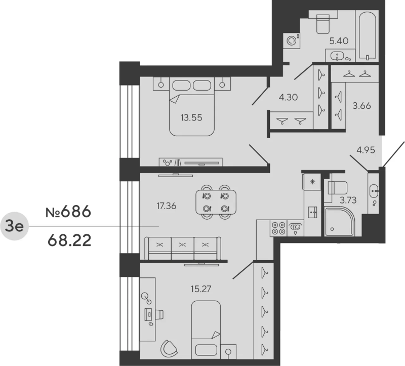 3-комнатная (Евро) квартира, 68.22 м² в ЖК "Bashni Element" - планировка, фото №1