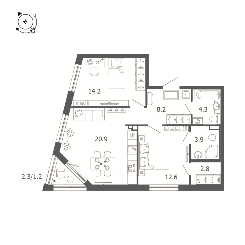 3-комнатная (Евро) квартира, 68.1 м² в ЖК "Пулковский дом" - планировка, фото №1