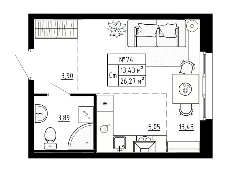 Квартира-студия, 26.5 м² в ЖК "Аннино Сити" - планировка, фото №1