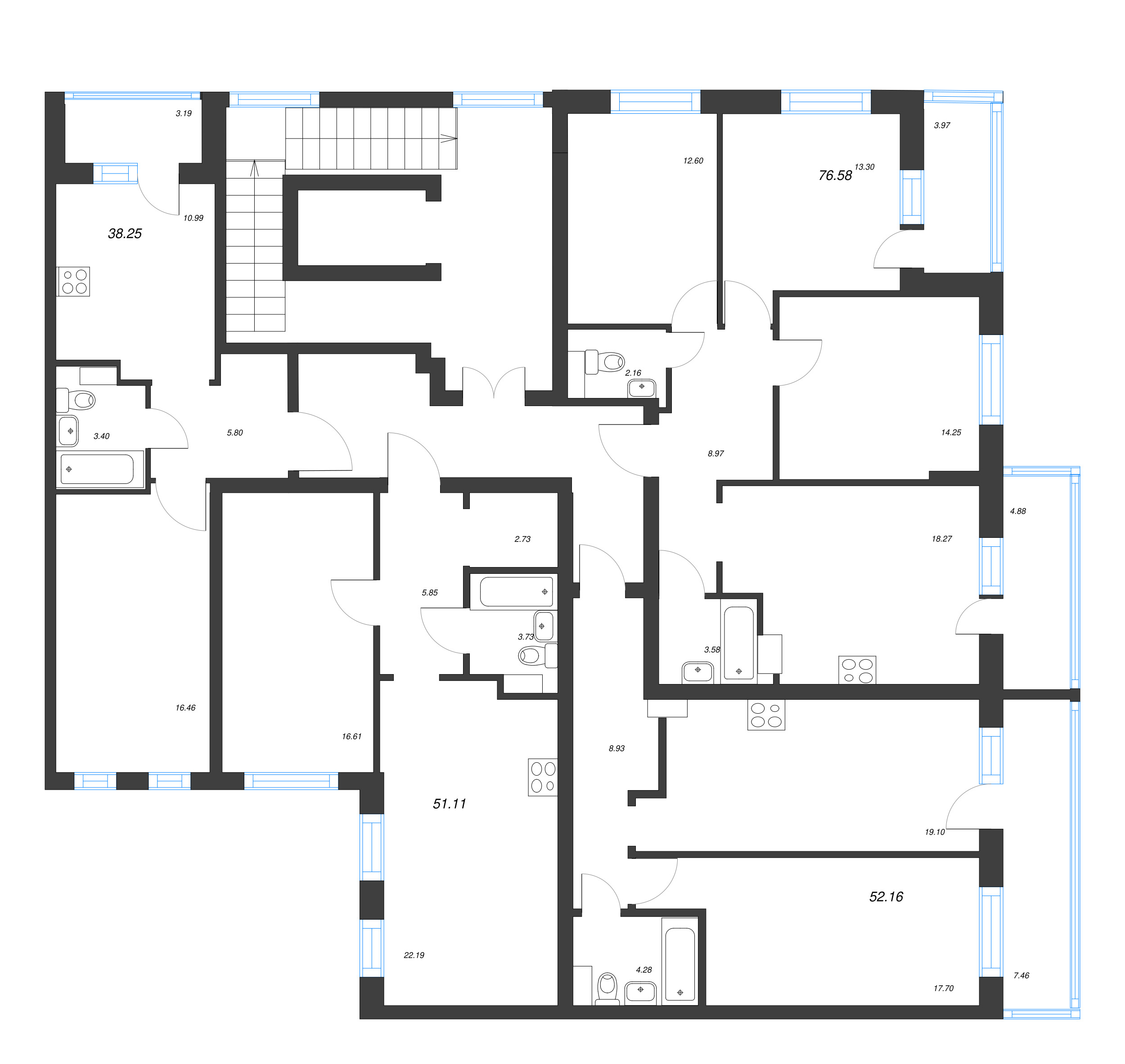 2-комнатная (Евро) квартира, 51.11 м² - планировка этажа