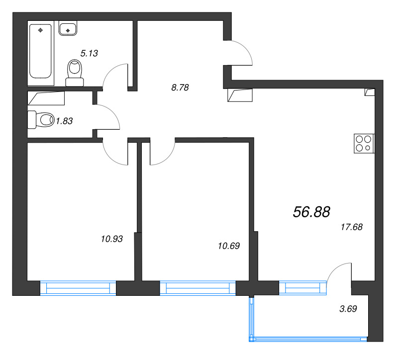 3-комнатная (Евро) квартира, 56.88 м² в ЖК "Охтинские высоты" - планировка, фото №1