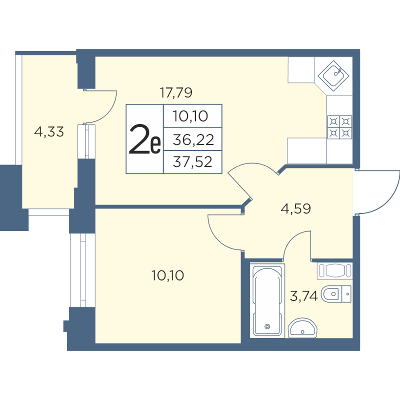 2-комнатная (Евро) квартира, 37.52 м² - планировка, фото №1