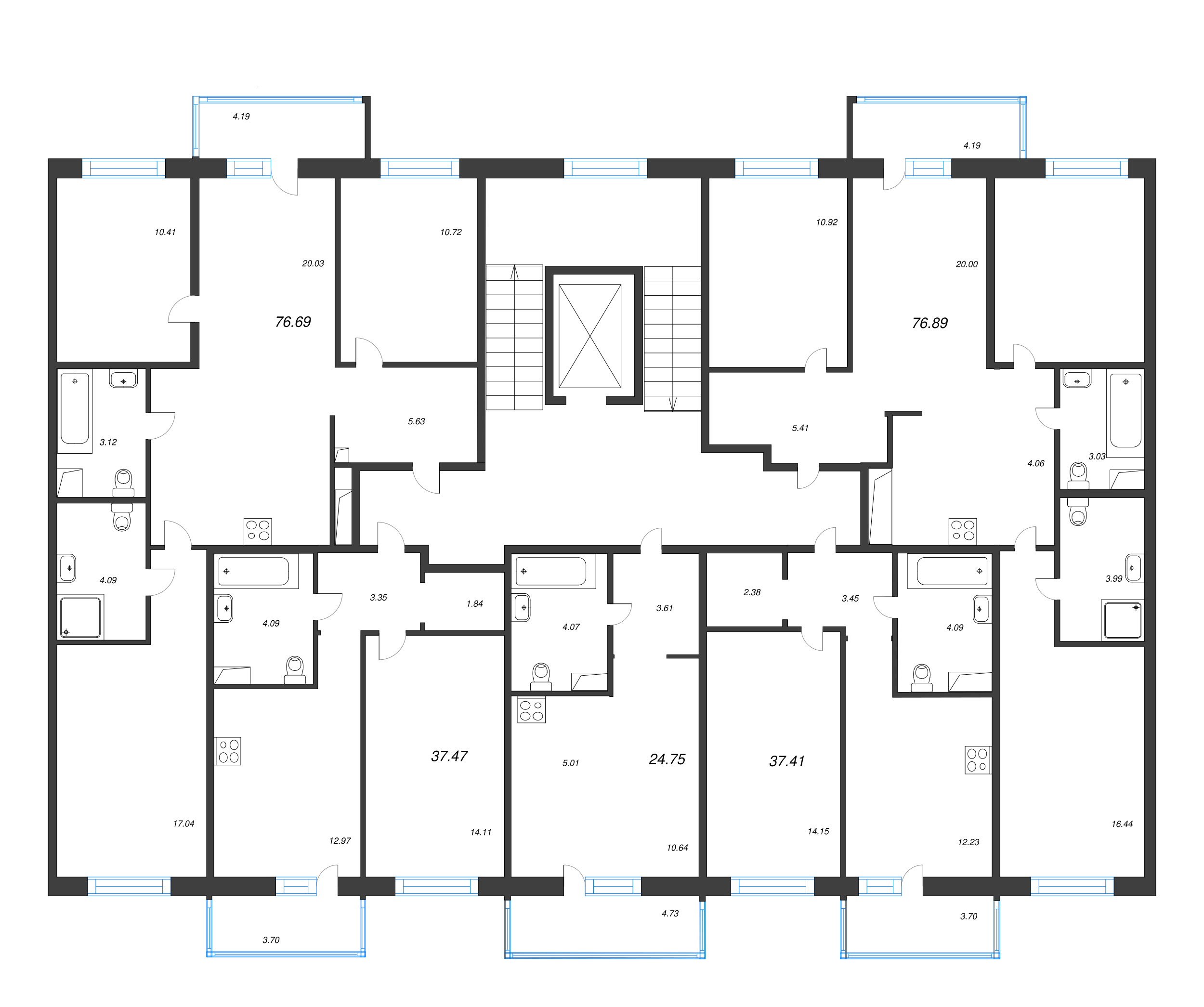 4-комнатная (Евро) квартира, 76.69 м² в ЖК "Окла" - планировка этажа