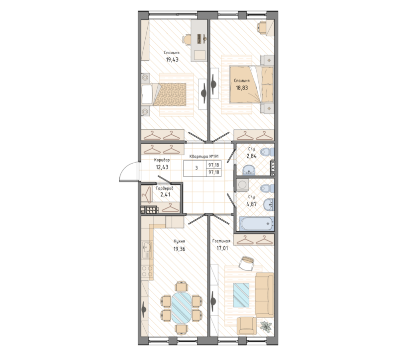 3-комнатная квартира, 97.2 м² в ЖК "Мануфактура James Beck" - планировка, фото №1