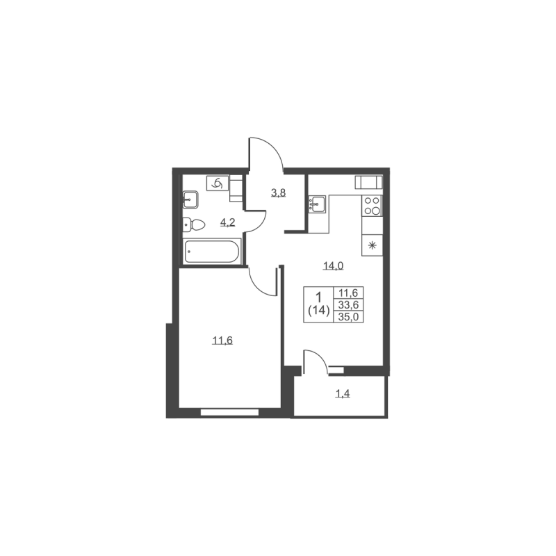 1-комнатная квартира, 35 м² - планировка, фото №1