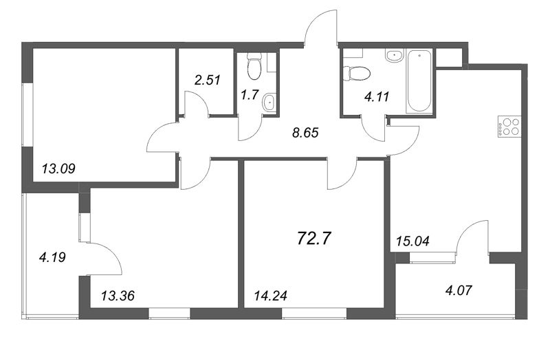 4-комнатная (Евро) квартира, 72.7 м² в ЖК "Любоград" - планировка, фото №1