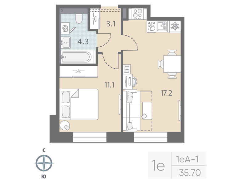 2-комнатная (Евро) квартира, 35.7 м² в ЖК "Большая Охта" - планировка, фото №1