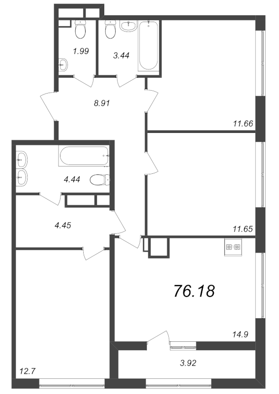 3-комнатная квартира, 76.1 м² - планировка, фото №1