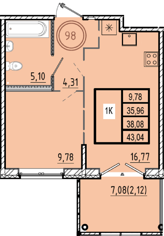 2-комнатная (Евро) квартира, 35.96 м² в ЖК "Образцовый квартал 9.1" - планировка, фото №1