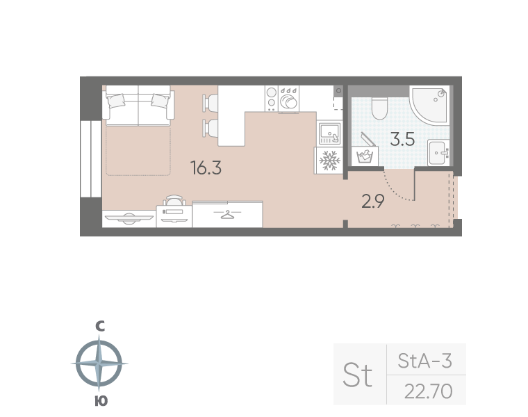 Квартира-студия, 22.7 м² в ЖК "Большая Охта" - планировка, фото №1