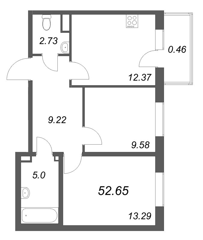 2-комнатная квартира, 52.65 м² в ЖК "Новая история" - планировка, фото №1