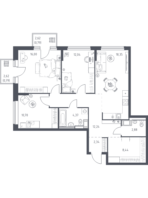 4-комнатная (Евро) квартира, 88.94 м² в ЖК "Новое Колпино" - планировка, фото №1