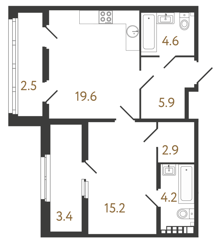 2-комнатная (Евро) квартира, 52.4 м² - планировка, фото №1