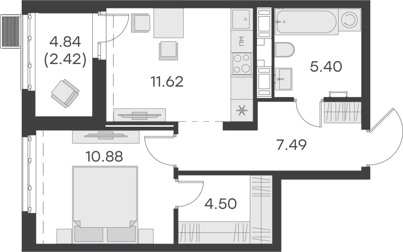 1-комнатная квартира, 42.31 м² - планировка, фото №1