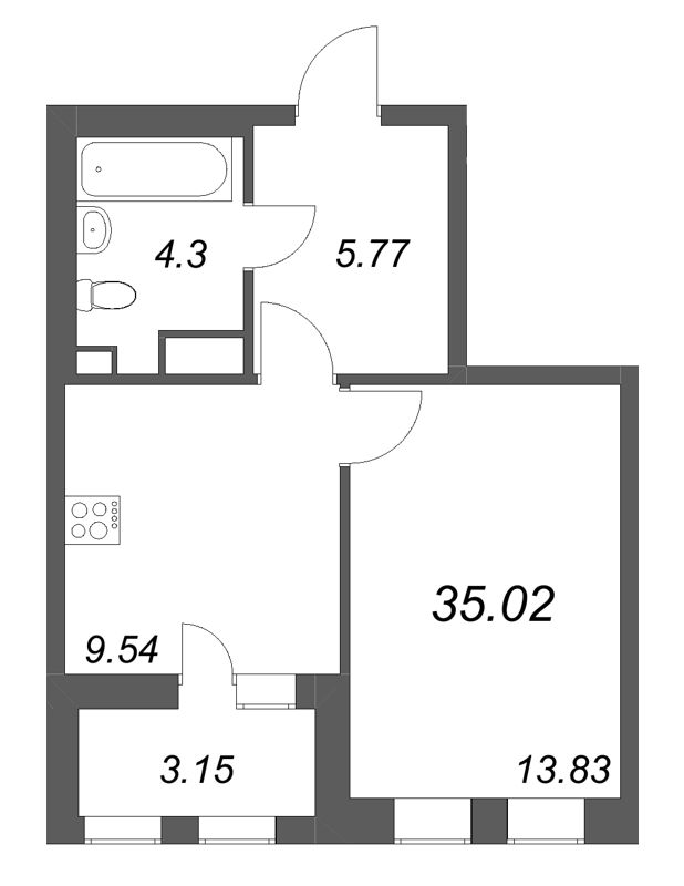 1-комнатная квартира, 35.02 м² в ЖК "Аквилон Солар" - планировка, фото №1