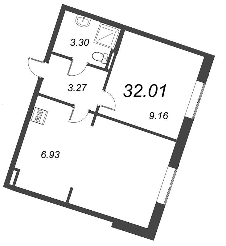 2-комнатная (Евро) квартира, 32.01 м² - планировка, фото №1