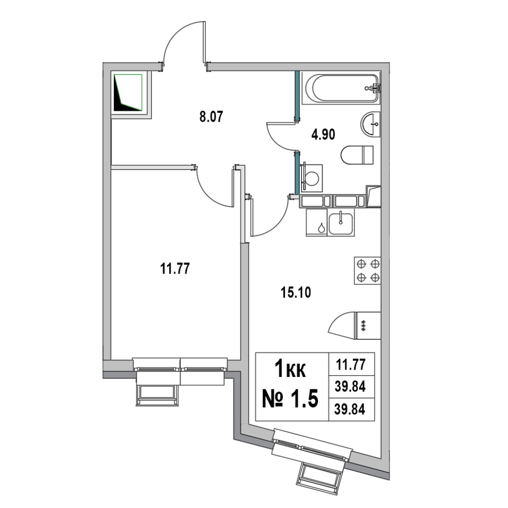 2-комнатная (Евро) квартира, 39.84 м² в ЖК "Новый Город" - планировка, фото №1