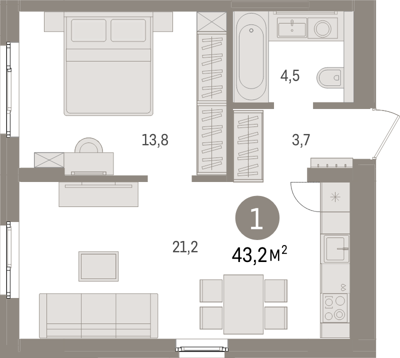 2-комнатная (Евро) квартира, 43.2 м² в ЖК "Брусника в Новоселье" - планировка, фото №1