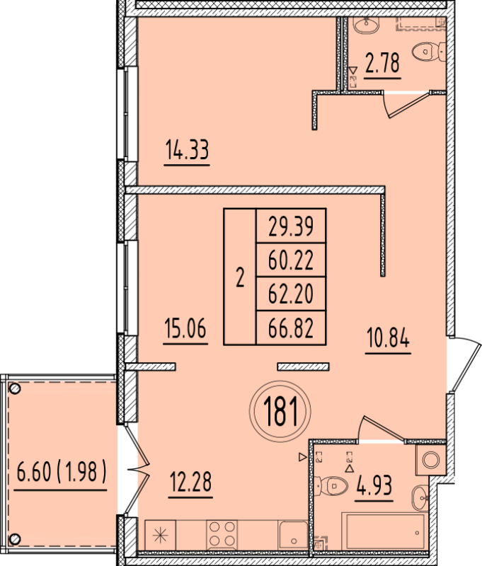 2-комнатная квартира, 60.22 м² в ЖК "Образцовый квартал 6.4" - планировка, фото №1
