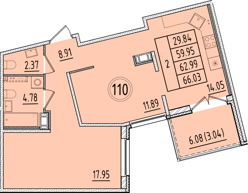 2-комнатная квартира, 59.95 м² в ЖК "Образцовый квартал 17" - планировка, фото №1