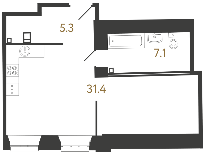 Квартира-студия, 43.8 м² в ЖК "Светоч" - планировка, фото №1