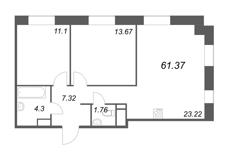 3-комнатная (Евро) квартира, 61.37 м² - планировка, фото №1