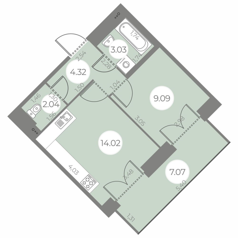 1-комнатная квартира, 36.04 м² - планировка, фото №1