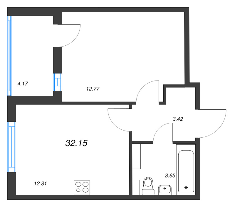 1-комнатная квартира, 32.15 м² - планировка, фото №1