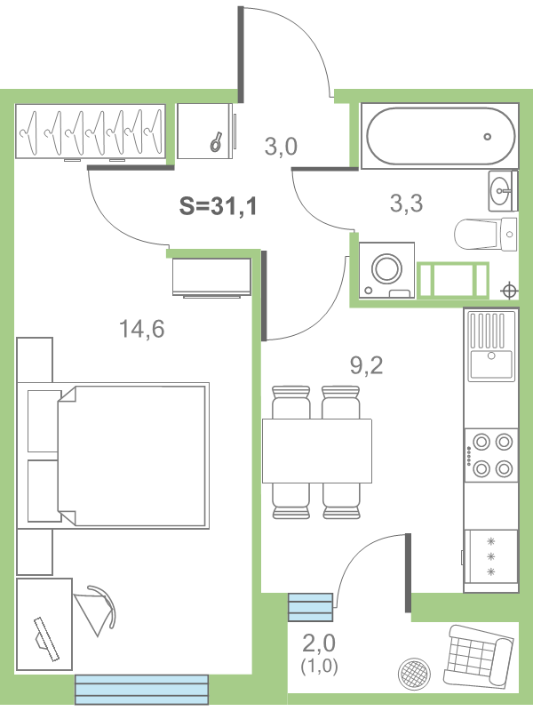 1-комнатная квартира, 31.6 м² - планировка, фото №1