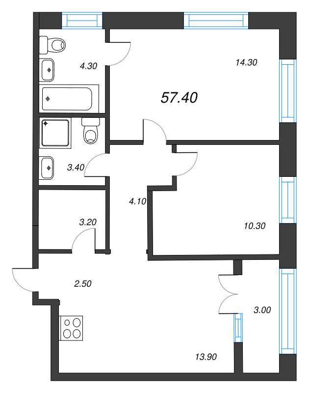 2-комнатная квартира, 57.4 м² в ЖК "NewПитер 2.0" - планировка, фото №1