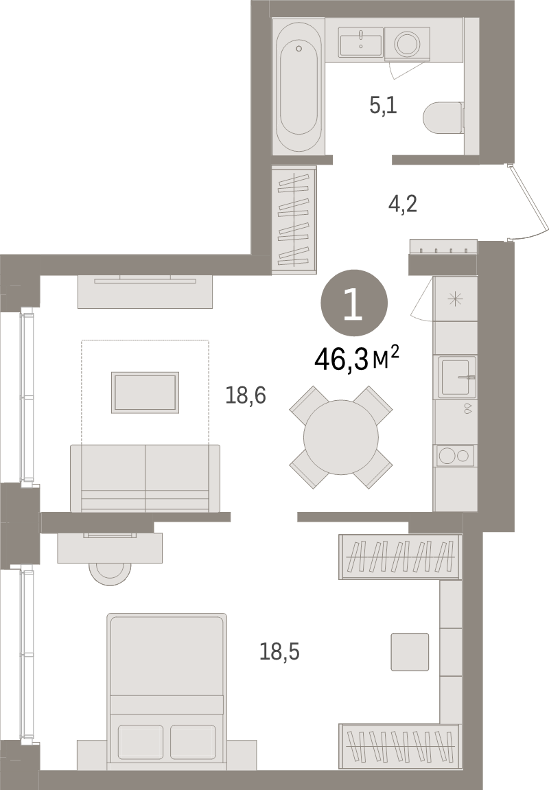 1-комнатная квартира, 46.3 м² в ЖК "Брусника в Новоселье" - планировка, фото №1