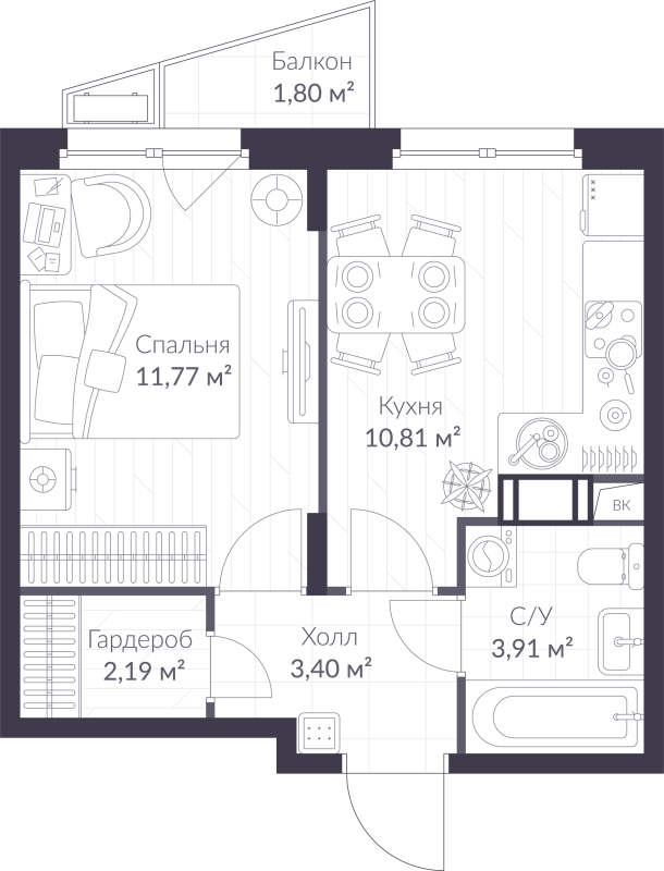 1-комнатная квартира, 32.62 м² - планировка, фото №1