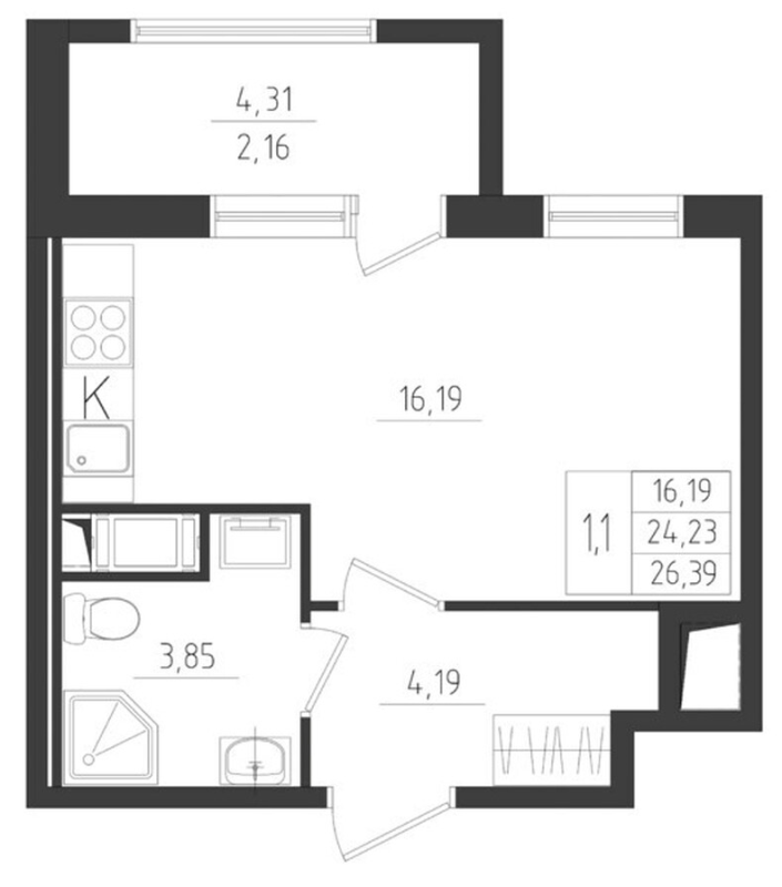 Квартира-студия, 26.39 м² - планировка, фото №1