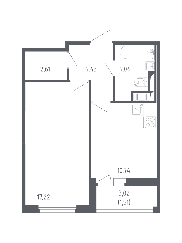1-комнатная квартира, 40.57 м² в ЖК "Сандэй" - планировка, фото №1