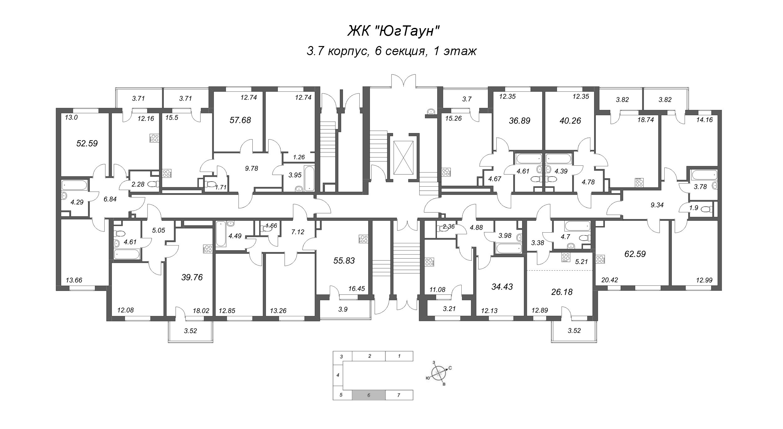 1-комнатная квартира, 34.43 м² в ЖК "ЮгТаун" - планировка этажа