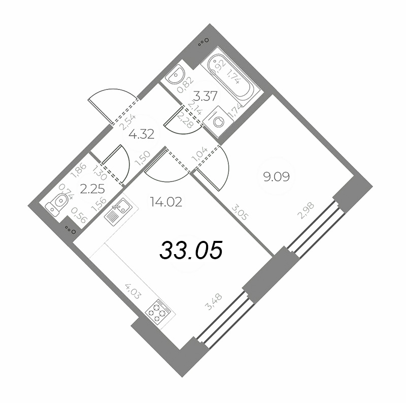 1-комнатная квартира, 33.05 м² - планировка, фото №1