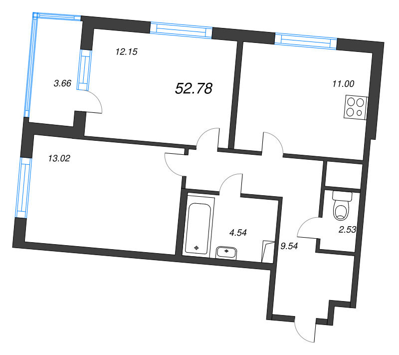 2-комнатная квартира, 52.78 м² в ЖК "ЮгТаун" - планировка, фото №1